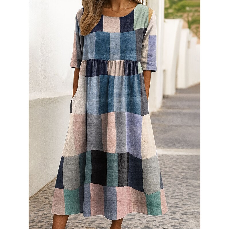Women's Midi Dress A Line Dress Summer Dress Vacation Casual Holiday Regular Fit Graphic Geometric Half Sleeve Crew Neck Pink Red Blue Green Summer Spring4
