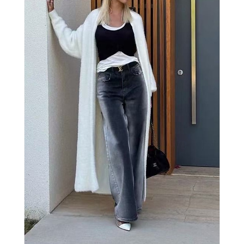 Women's Sweater Cardigan Fashion Streetwear Daily Solid Color Ribbed V Neck Knitted Long Sleeve Long Tops Knit Holiday Going out Weekend White Fall Winter