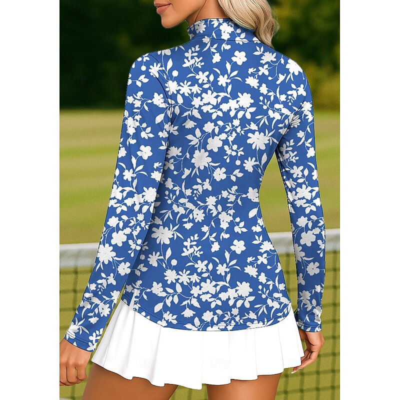 Women's Floral Golf Polo Shirt Tennis Shirt Tennis Tee Long Sleeve Print Quarter Zip Pullover UV Protection Elastic Breathable Volleyball Tennis Golf Standing Collar Zip Collar Shirt Polo Blue and2