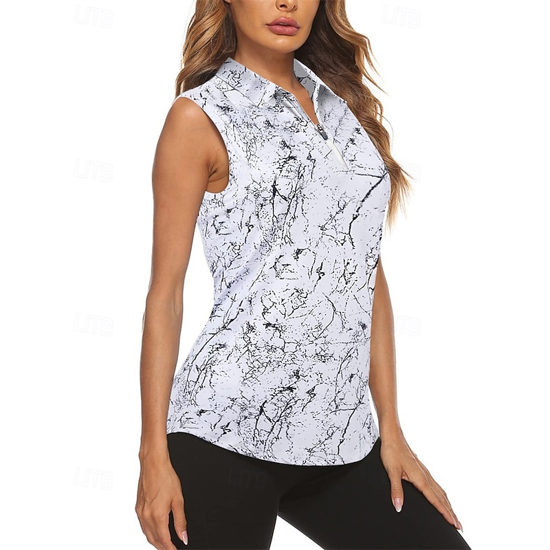Women's Graphic Sport Shirt Golf Polo Shirt Tennis Shirt Sleeveless Zipper High Elasticity Moisture Wicking Breathable Tennis Golf Pickleball Turndown Zip Collar Shirt Top White Blue Tennis Clothing