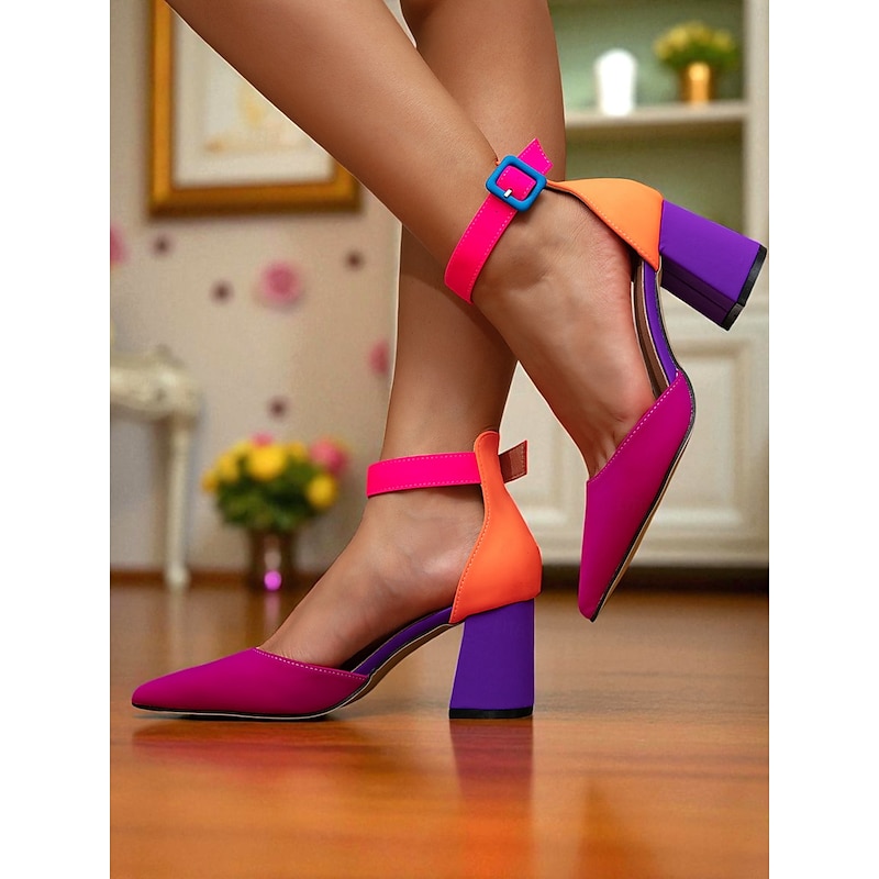 Women's 1950s Vintage Colorblock Block Heel Ankle Strap Pumps - Bright Pink, Orange, and Purple Pointed Toe Dress Shoes for Parties, Weddings, and Evening Events4