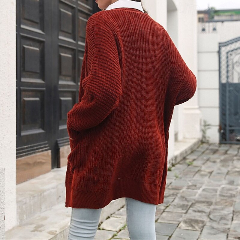 Women's Cardigan Casual Solid Color Chunky V Neck Pocket Knitted Long Sleeve Long Tops Knit Daily Holiday Going out Wine Gray Fall Winter4