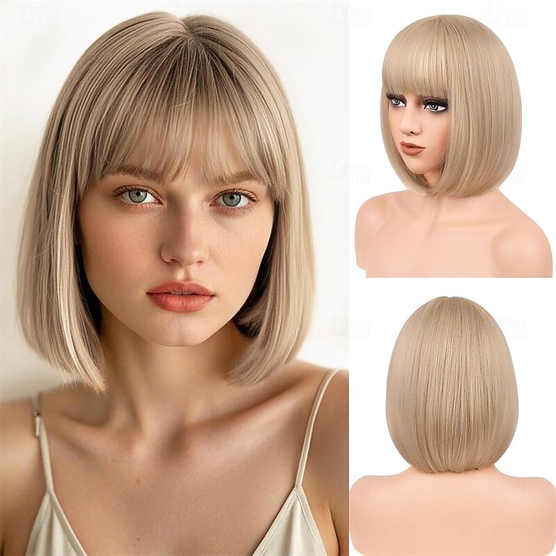 Blonde Bob Wig for Women 12 Inch Short Straight Wig Flat Bangs Synthetic Costume Cosplay Daily Party Neon Wig