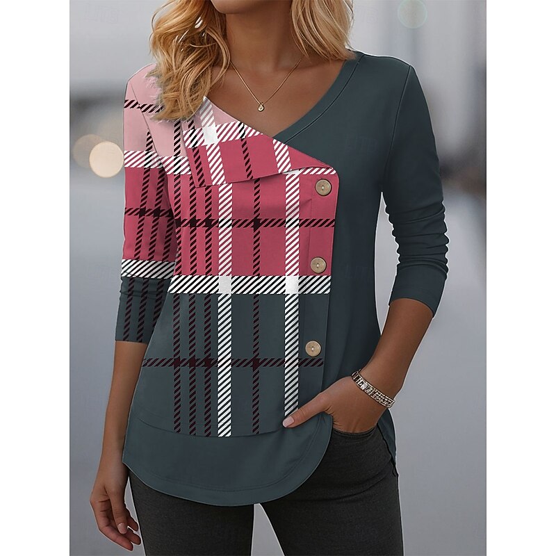 Women's Blouse Tunic V Neck Long Sleeve Buttons Graphic Geometric Plaid Fashion Casual Crew Neck Regular Tops Daily Patchwork Print Red Blue Orange Green Spring Fall Winter3