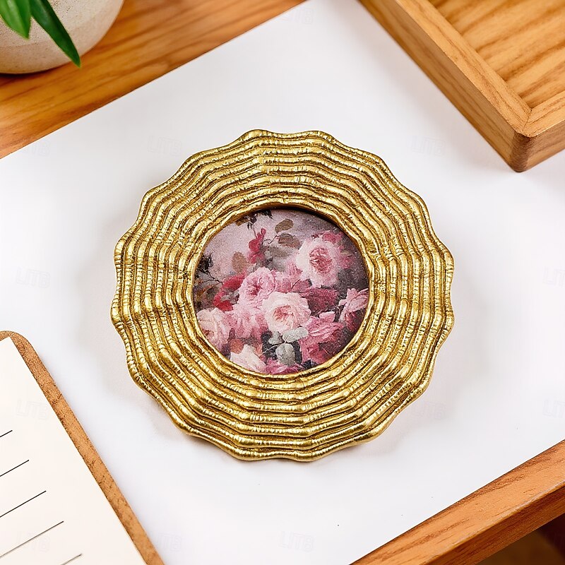 Vintage Round Photo Frame with Gold Floral Edging, Dual-Use Wall Hanging and Table Display, Includes Random Insert, Retro Home Decor and Photography Prop3