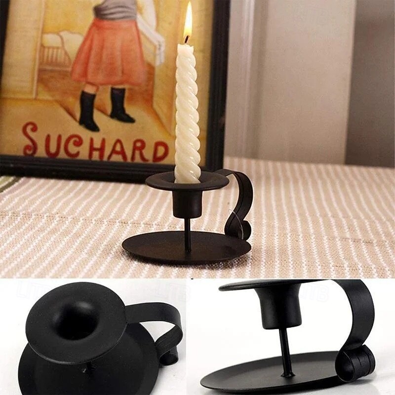 Wrought Iron Taper Candle Holder Black Vintage Teacup Style Retro Metal Candle Stand Aromatherapy Decor for Weddings Table Centerpiece Romantic Atmosphere Prop2