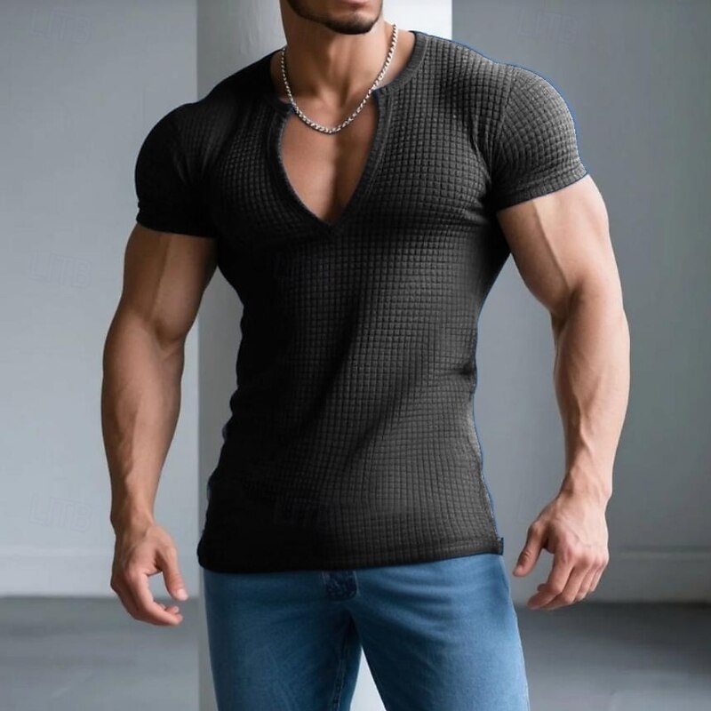 Men's Waffle T-shirt Tee Top Short Sleeve V Neck Open Front Summer All Seasons Solid Color Textured Fashion Designer Casual V Neck Outdoor Casual Daily Black White Navy Blue Top Tee for Men4