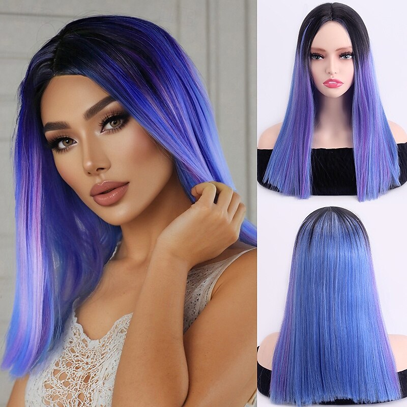 Medium Length Blue Straight Wig for Women – No Bangs, Middle Part, Natural Look, Full Head Cap, Perfect for Halloween, Cosplay, and Everyday Wear