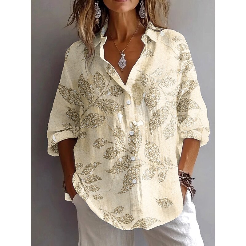Women's Shirt Button Down Tunic Shirt Collar Long Sleeve Graphic Leaf Vintage Daily Stylish Regular Tops Work Daily Holiday s Print Blush Pink Yellow Blue Spring Fall