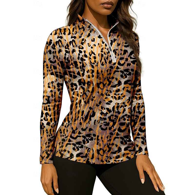Women's Leopard Shirt Sport Shirt Golf Polo Shirt Tennis Shirt Long Sleeve Zipper Floral UPF50+ UV Resistant High Elasticity Moisture Wicking Breathable Volleyball Tennis Golf Stand Collar Zip Collar3