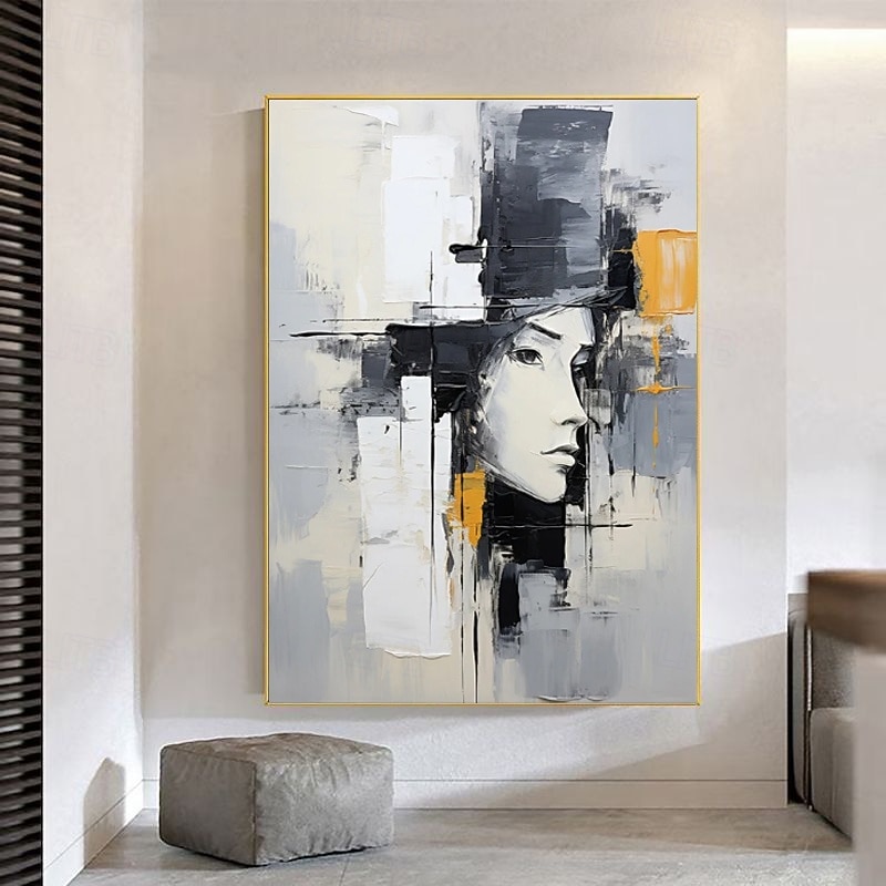 Handmade Oil Painting Canvas Wall Art Decoration Black and White Figure Abstract for Home Decor Stretched Frame Hanging Painting/Rolled Frameless Unstretched Painting