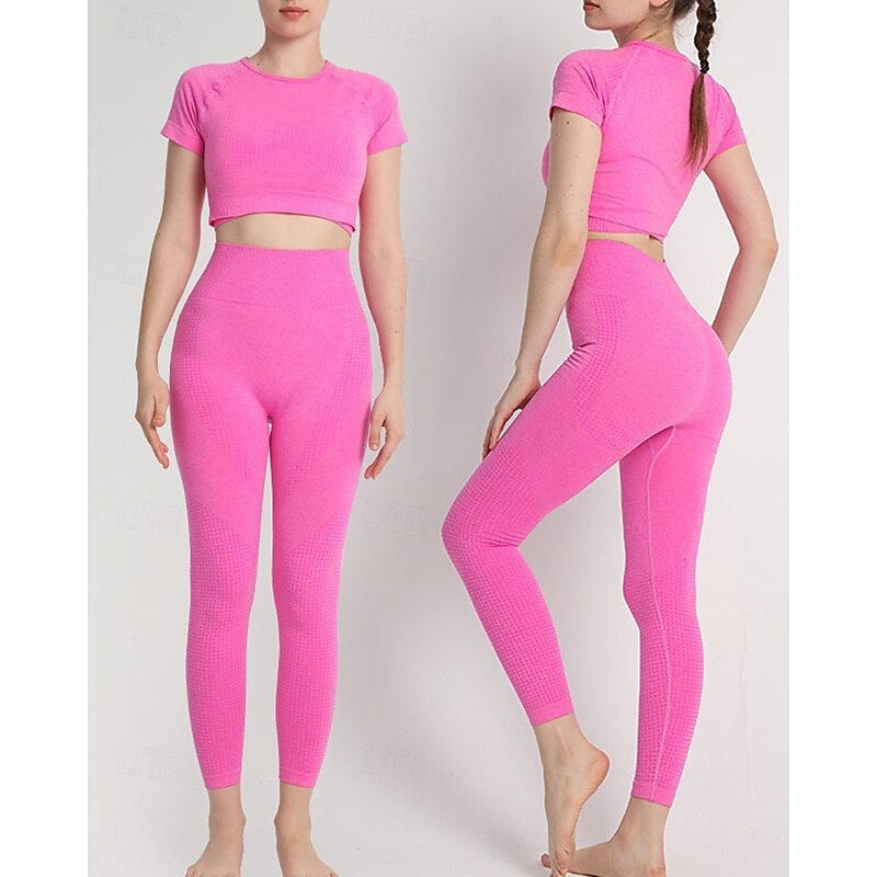 Women's 2 Pieces Yoga Sweatsuit Lounge Outfits  Solid Color Clothing Suit Dark Grey Lake Blue Gym Workout High Waist Stretchy Breathable Short Sleeve Sport Activewear Slim