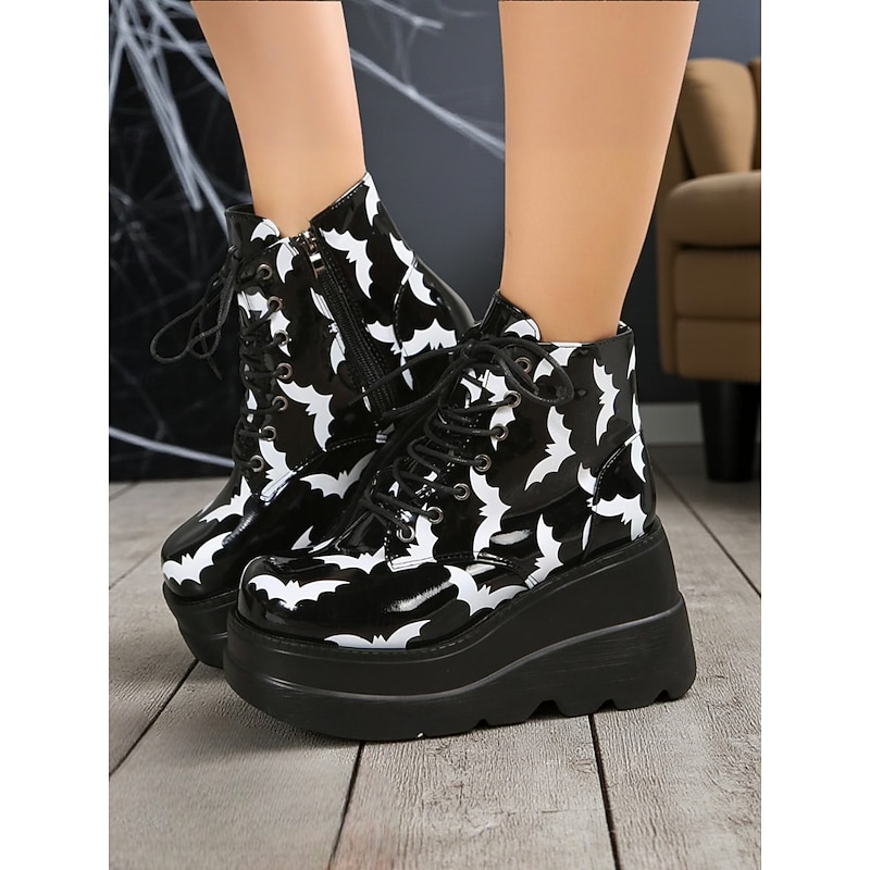 Women's Halloween Bat Print Platform Ankle Boots – Gothic Punk Lace-Up Chunky Heel Combat Boots for Parties, Cosplay, and Night Out2