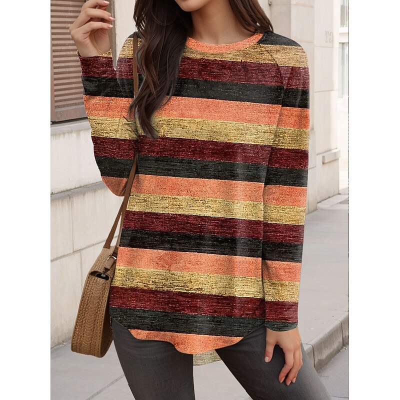 Women's T Shirt Graphic Striped Vintage Fashion Stylish Long Sleeve Crew Neck Regular Tops Daily Weekend Print Pink Blue Orange Green Spring Fall