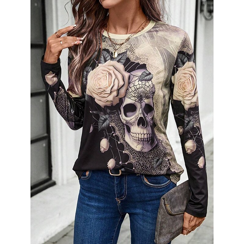 Halloween Women's T Shirt Skulls Long Sleeve Crew Neck Long Sleeve Tunic Floral Graphic Vintage Stylish Classic Round Neck Regular Tops Daily Print Pink Khaki Fall Winter Prefall