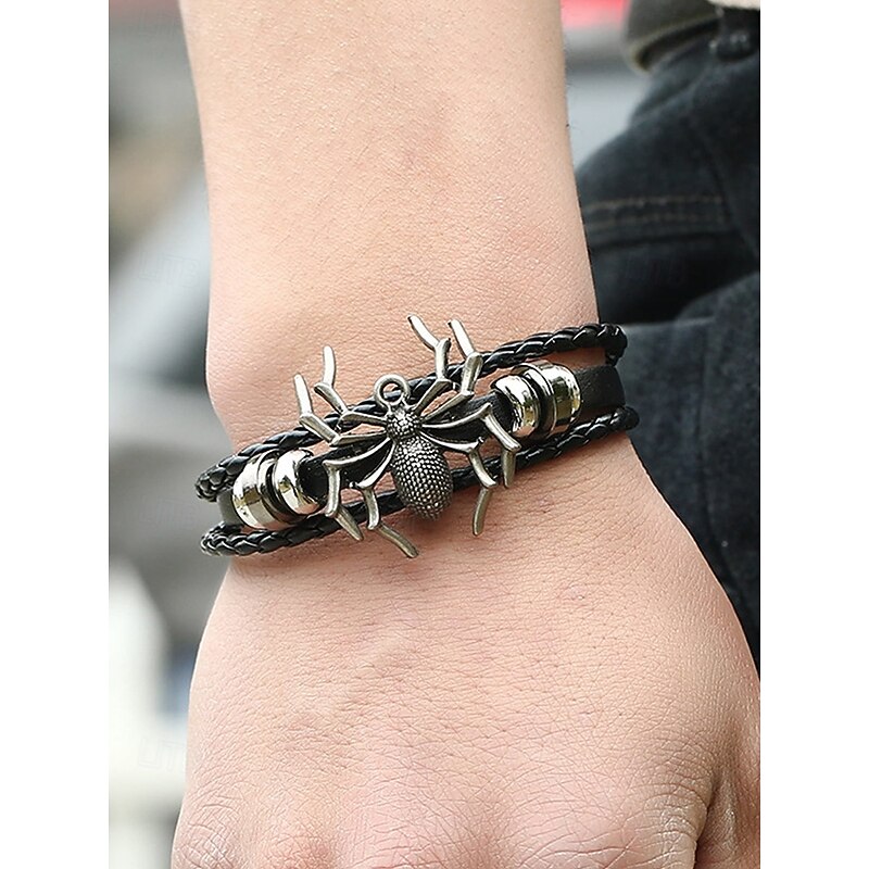 Men's Halloween Spider Bracelet – Gothic Faux Leather Braided Wristband with Alloy Spider Charm, Adjustable Punk Style Jewelry for Party, Cosplay and Nightclub Events2