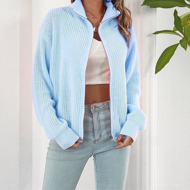 Women's Cardigan Casual Solid Color Chunky Turtleneck Zipper Knitted Long Sleeve Regular Tops Knit Daily Holiday Going out Black Pink Fall Winter3