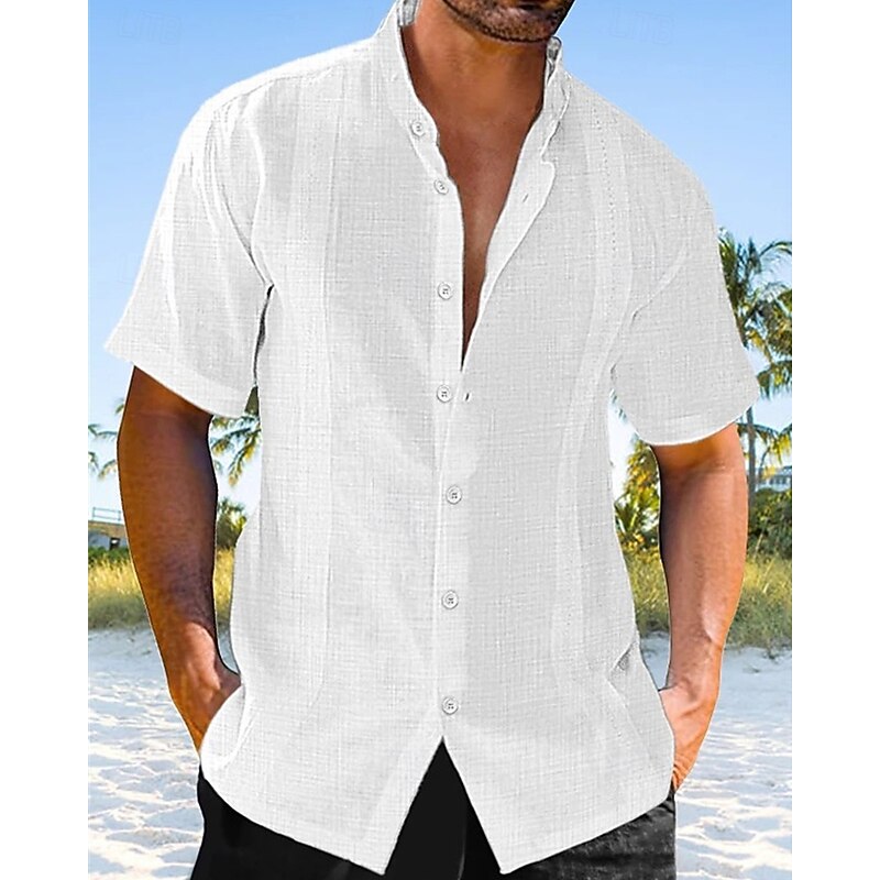 Men's Shirt Linen Shirt Casual Shirt Button Up Shirt Cotton Shirt Plain Vacation Street Black White Green Apricot Short Sleeve Band Collar Summer Spring Clothing Apparel Button-Down