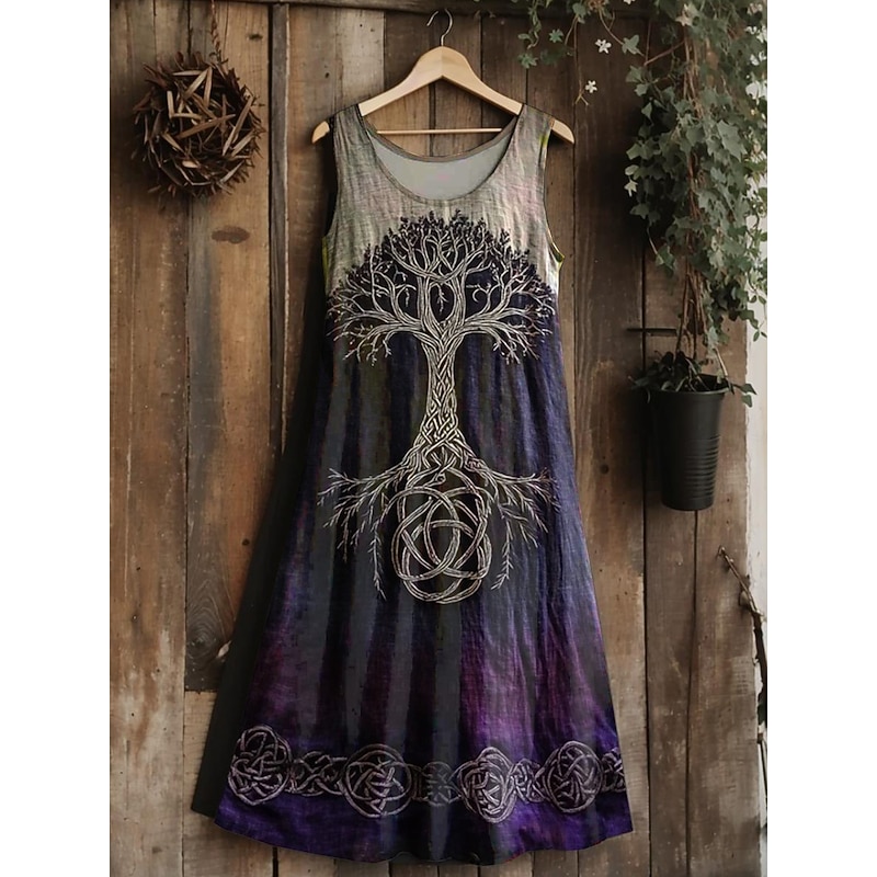Women's Vintage Viking Celtic Knot  Gradient Art Midi Dress Sundress A Line Dress Vacation Casual Boho Wedding Party Going out Regular Fit Floral Graphic Leaf Sleeveless U Neck