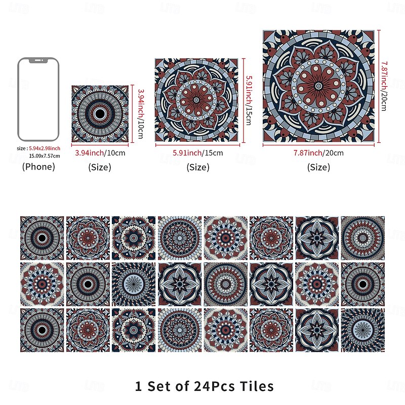 24pcs Tile Stickers, Thickened Crystal Film Moroccan Style Waterproof & Oil-Proof Removable PVC Wall Decals for Kitchen Bathroom Vintage Home Decor3