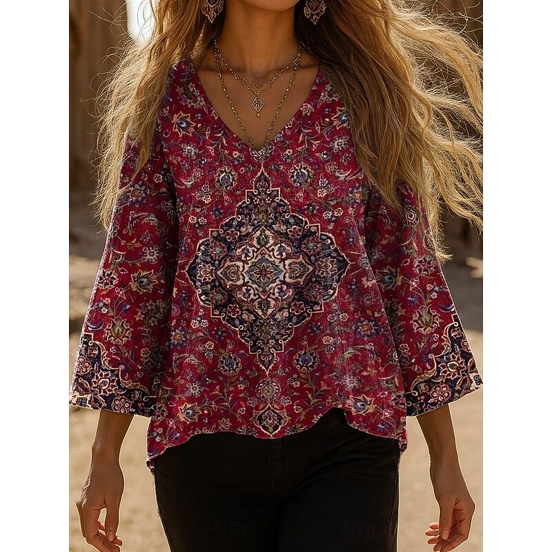 Women's Blouse Graphic Paisley Bohemia Vintage Stylish 3/4 Length Sleeve V Neck Regular Tops Daily Black Red Blue Fuchsia Green Summer Spring Fall