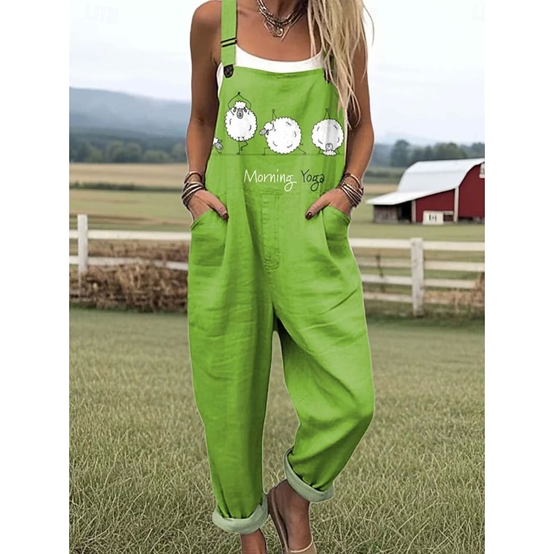 Women's Dungarees Active Graphic Sleeveless Print Vacation Daily Loose Fit Light Green Blue Green Summer4