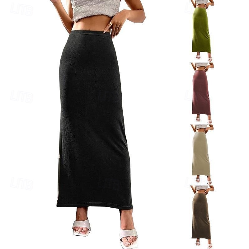 Women's Skirt Bodycon Casual Maxi Mid Rise Skirts Plain Micro-elastic Vacation Going out Black Almond Pink Brown Fall Polyester