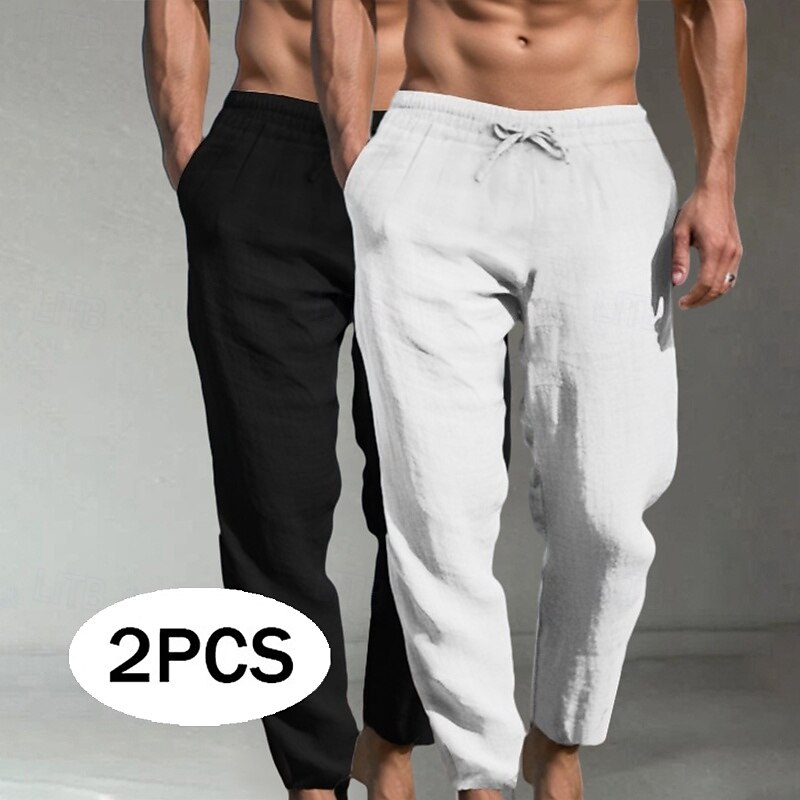 Men's Linen Pants Trousers Summer Pants Baggy Pants Beach Pants Pocket Elastic Waist Drawstring Plain Comfort Full Length Daily Weekend Vacation Streetwear Black+Grey White+khaki Inelastic