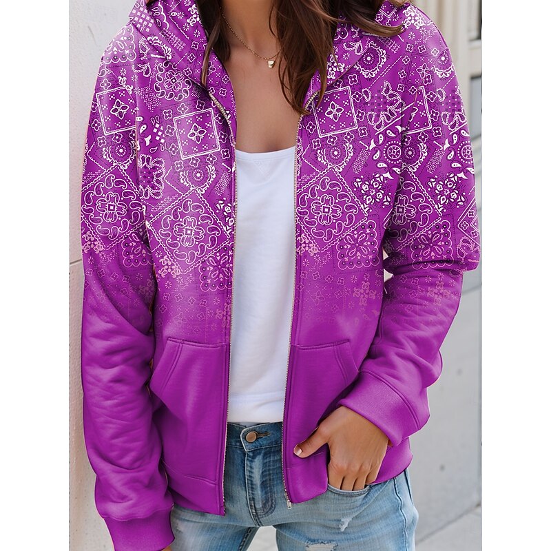 Women's Hooded Sweatshirt Jacket Long Sleeve Zip Up Hoodie With Pocket Lightweight Casual Micro-elastic Graphic Geometric Paisley Fashion Street Dailywear Pocket Print Red Blue Purple Green Fall4