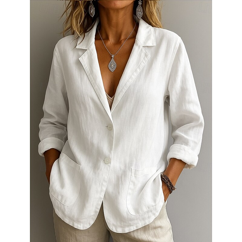 Women's Cotton Linen Blazer Solid Color Stylish Basic Casual Long Sleeve Shirt Collar Regular Tops Work Daily Buttons White Yellow Summer