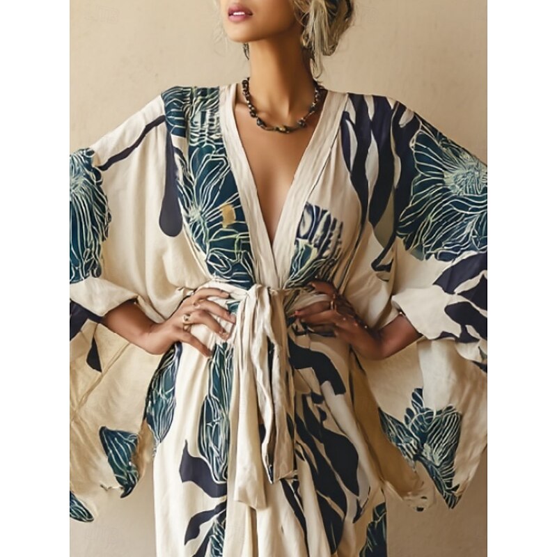 Women's Long Dress Maxi Dress Boho Dress Casual Dress Swing Dress Summer Dress Vintage Vacation Daily Beach Regular Fit Floral Long Sleeve V Neck Blue Summer Spring Fall2