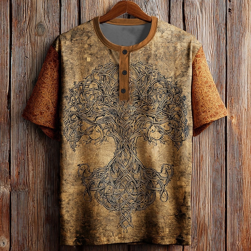 Men's Tree Retro T Shirt Henley Shirt Short Sleeve Designer Retro Vintage Graphic Street Casual Daily Summer Spring Dark Grey Blue Green khaki Henley Henley T-Shirt