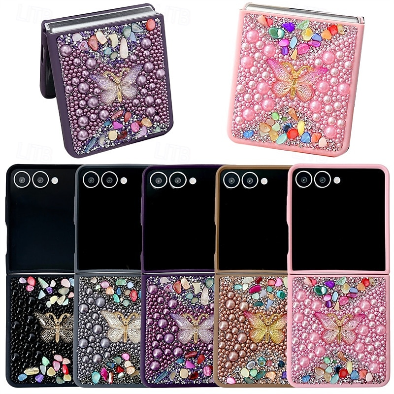 Phone Case For Samsung Galaxy Z Flip 7 Z Flip 6 Z Flip 5 Z Flip 4 Back Cover with Lanyard Bling Glitter Shiny Shockproof Butterfly Retro PC