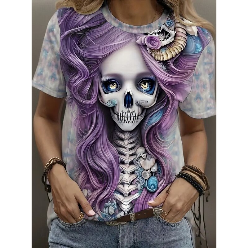 Halloween Women's T Shirt Skulls Floral Graphic Vintage Stylish Classic Short Sleeve Crew Neck Round Neck Regular Tops Daily Weekend Print Black Purple Gray Summer Fall4