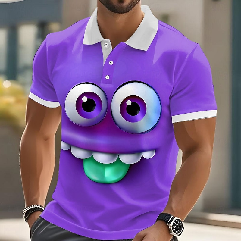Men's Cartoon Funny Smile Face Polo Short Sleeve Polo Shirts Lapel Ugly Casual Resort Outdoor Street Gift Athleisure 3D Print Buttons Summer Black Blue Purple2