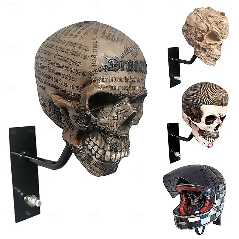Motorcycle Helmet Skull Holder,Helmet Storage Rack Wall Mount Hat Rack Skull Helmet Rack, Resin Crafts, for Coats, Caps, Baseballs and Rugby Helmet