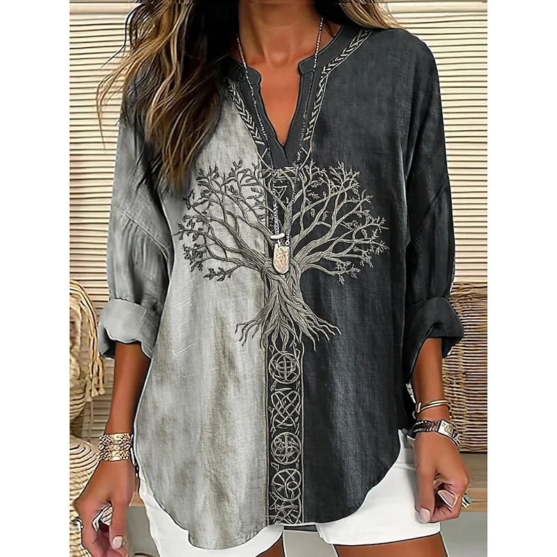 Women's Blouse Graphic Vintage Daily Casual  Long Sleeve V Neck Regular Tops Tribal Tree Of Life Vintage Designer Basic Print Vacation Street Going out Daily Holiday Buttons Print Gray Spring Fall