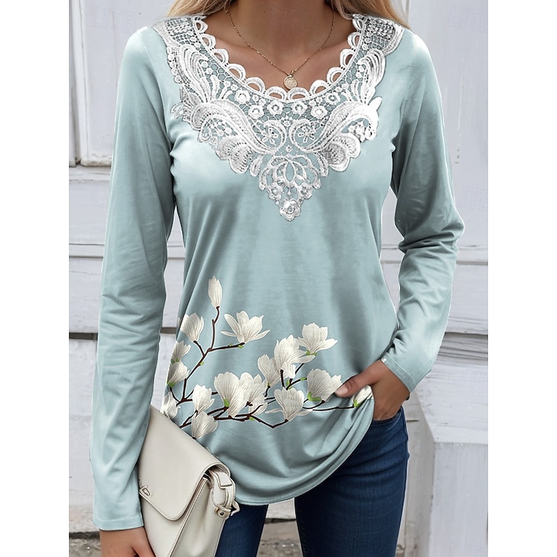 Women's Blouse Tunic Lace Splicing V Neck Long Sleeve Floral Graphic Plants Vintage Crew Neck Tops Daily Going out Weekend Lace Patchwork Print White Yellow Blue Sky Blue Purple Spring Fall Prefall4