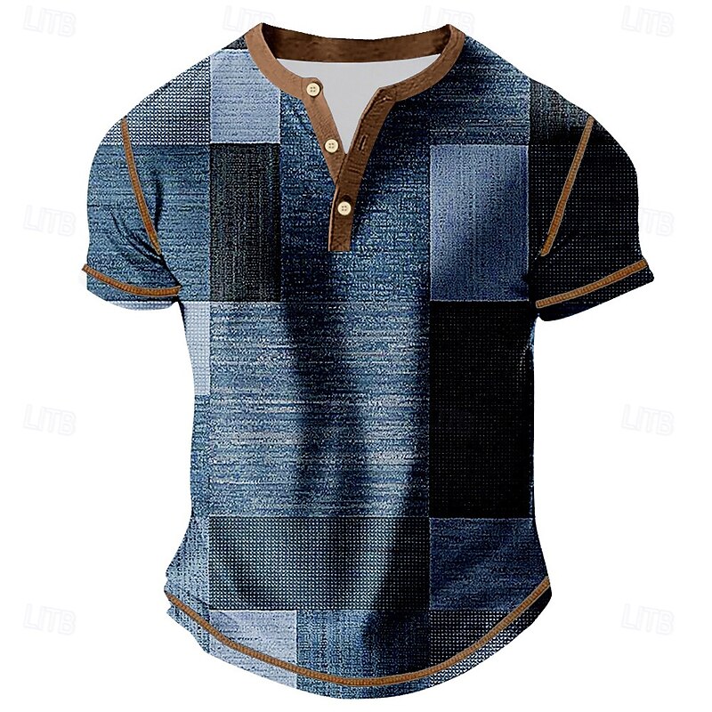 Men's Plaid Color Block Henley Shirt Tee Short Sleeve Vintage Fashion Designer Outdoor Casual Daily Spring &  Fall Brown Gray Green Navy Blue Henley Henley T-Shirt