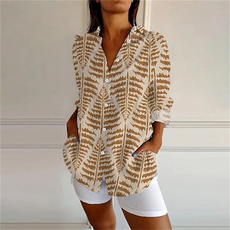 Women's Shirt Print Vintage Stylish Long Sleeve V Neck Regular Tops Daily Holiday Going out Buttons Print Yellow Orange Green Khaki Summer4