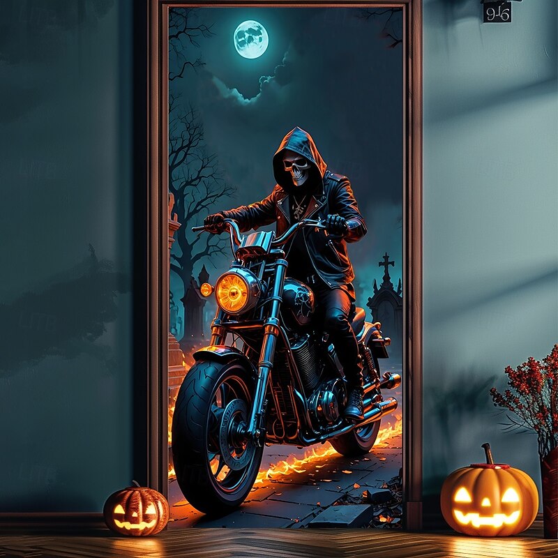 Halloween Door Covers Door Death Motorcycle Tapestry Door Curtain Decoration Backdrop Door Banner for Front Door Farmhouse Holiday Party Indoor Outdoor Decor Supplies