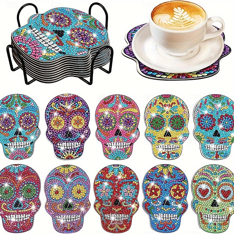 10pcs Set Vibrant 5D Skull Pattern Diamond Painting Coasters - DIY Sparkling Wooden Coasters with Black Metal Holder Ideal for Beginners Perfect Christmas & Birthday Gifts