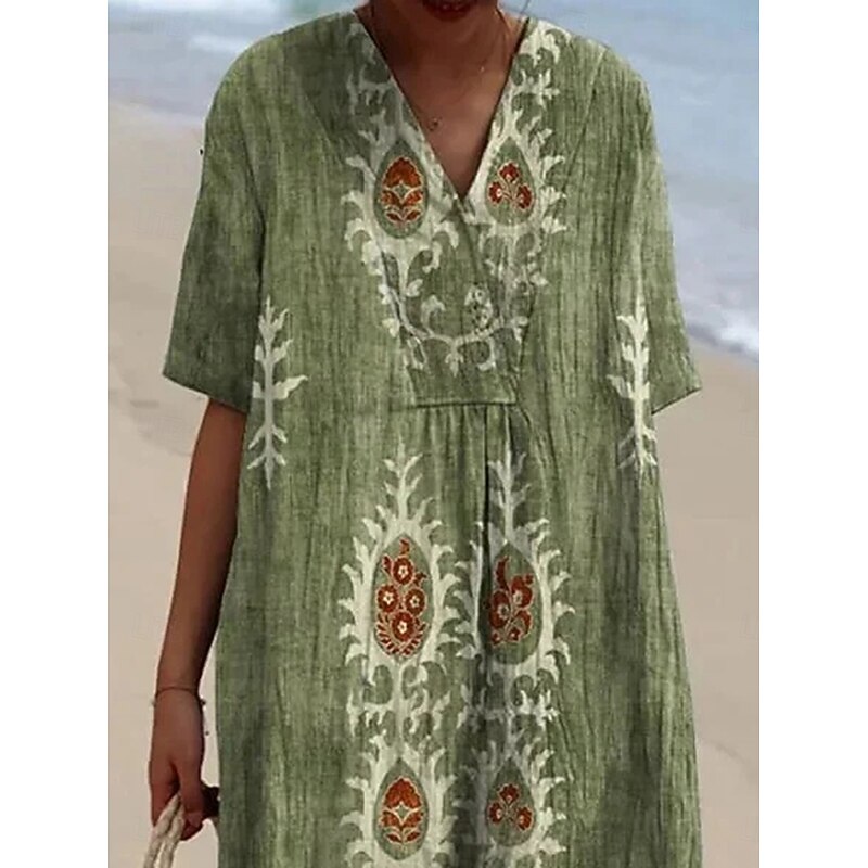 Women's Midi Dress Sundress A Line Dress Vacation Casual Beach Party Going out Beach Loose Fit Floral Graphic Tribal Short Sleeve V Neck Blue Green Summer Spring2