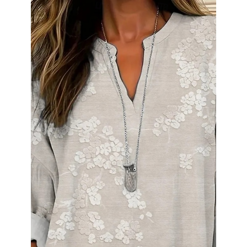 Women's Shirt Floral Daily Casual Long Sleeve V Neck Regular Tops Daily Holiday Buttons Print Khaki Spring Fall2