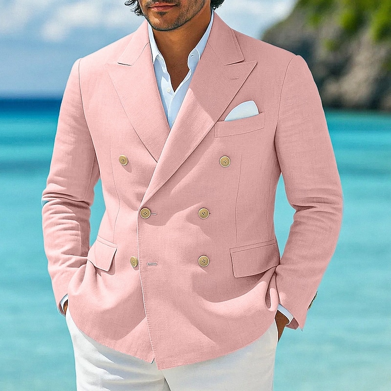 Men's Linen Blazer Sport Coat Closure collar Fashion Casual Solid Colored Linen Blazer Pink Sky Blue Tailored Fit Double Breasted Six-buttons