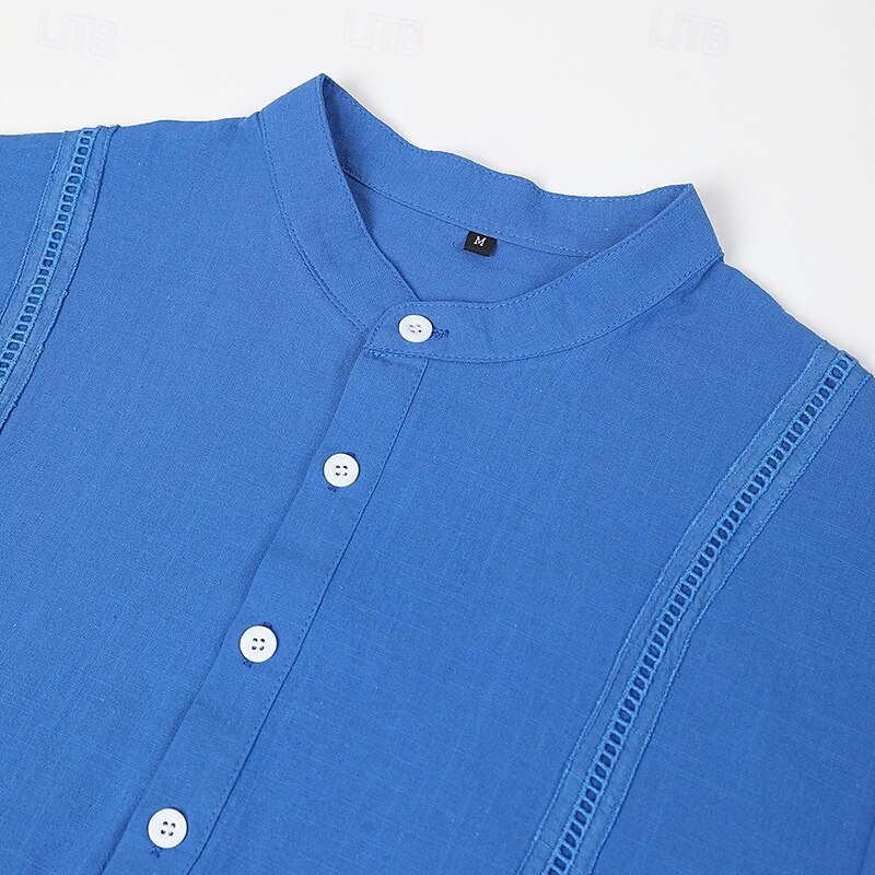 Men's Shirt Linen Shirt Guayabera Shirt Band Collar Shirt Popover Shirt Summer Shirt Plain Vacation Curise White+khaki White+Navy Blue Green+Khaki Khaki+Navy Blue Short Sleeve Collar Summer Spring4