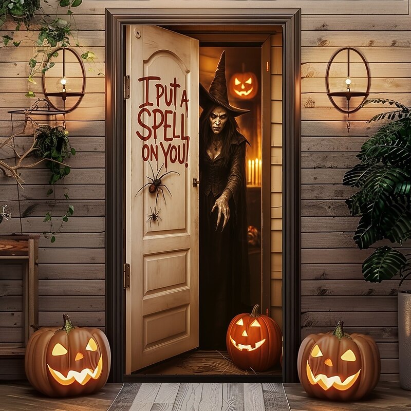 Halloween Door Cover – "I Put a Spell on You" Creepy Door Scene, Haunted House Entrance Banner, Scary Outdoor & Indoor Decoration for 2025 Halloween Bedroom, Living Room, Bathroom3