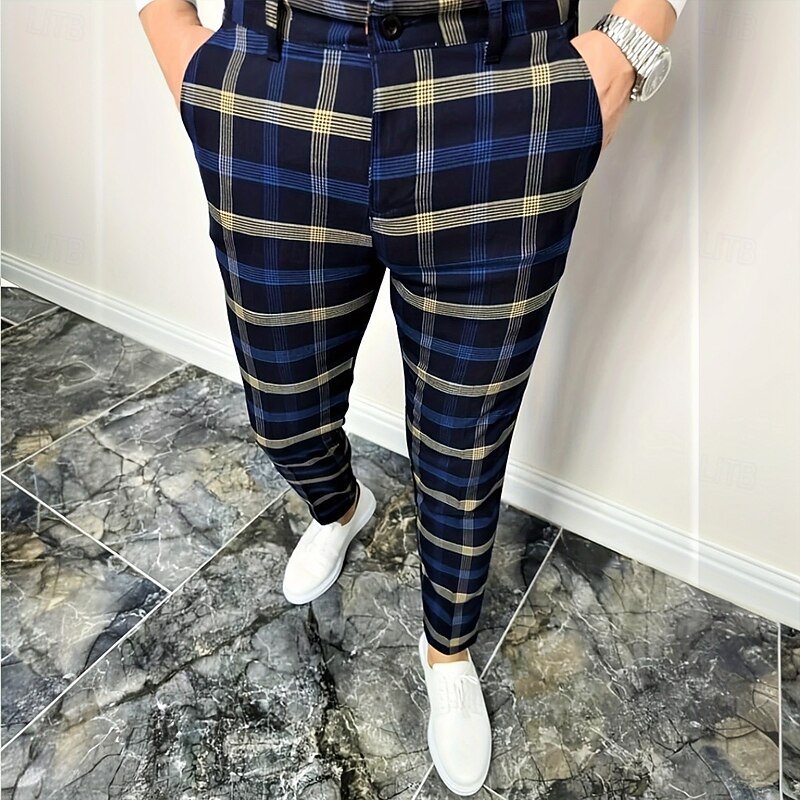 Men's Geometric Grid / Plaid Dress Pants Trousers Suit Pants Mid Waist Business Casual Formal Dailywear Slim Fit Pants with Pockets Spring Fall 3D Print Yellow Blue Dark Blue