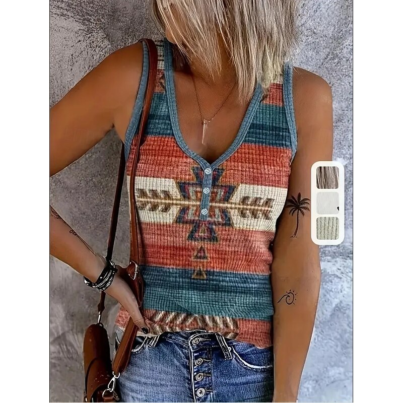 Women's Camisole Tank Top Graphic Geometric Abstract Bohemia Vintage Stylish Sleeveless V Neck Regular Tops Daily Print White Yellow Red Blue Orange Summer Spring3