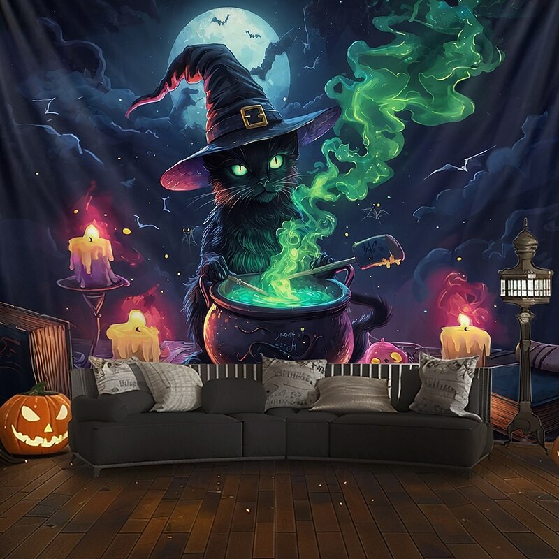 Halloween Hanging Tapestry Black Cat Photograph Backdrop Jack O Lantern Wall Art Large Tapestry Mural Decor Blanket Curtain Home Bedroom Living Room Decoration Death Selfie4